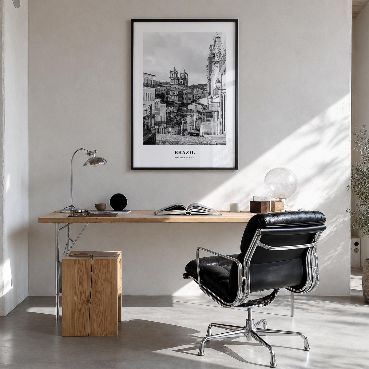 Brazil no. 3 black & white classic poster of South America – vertical wall art in black wood frame, hanging on wall