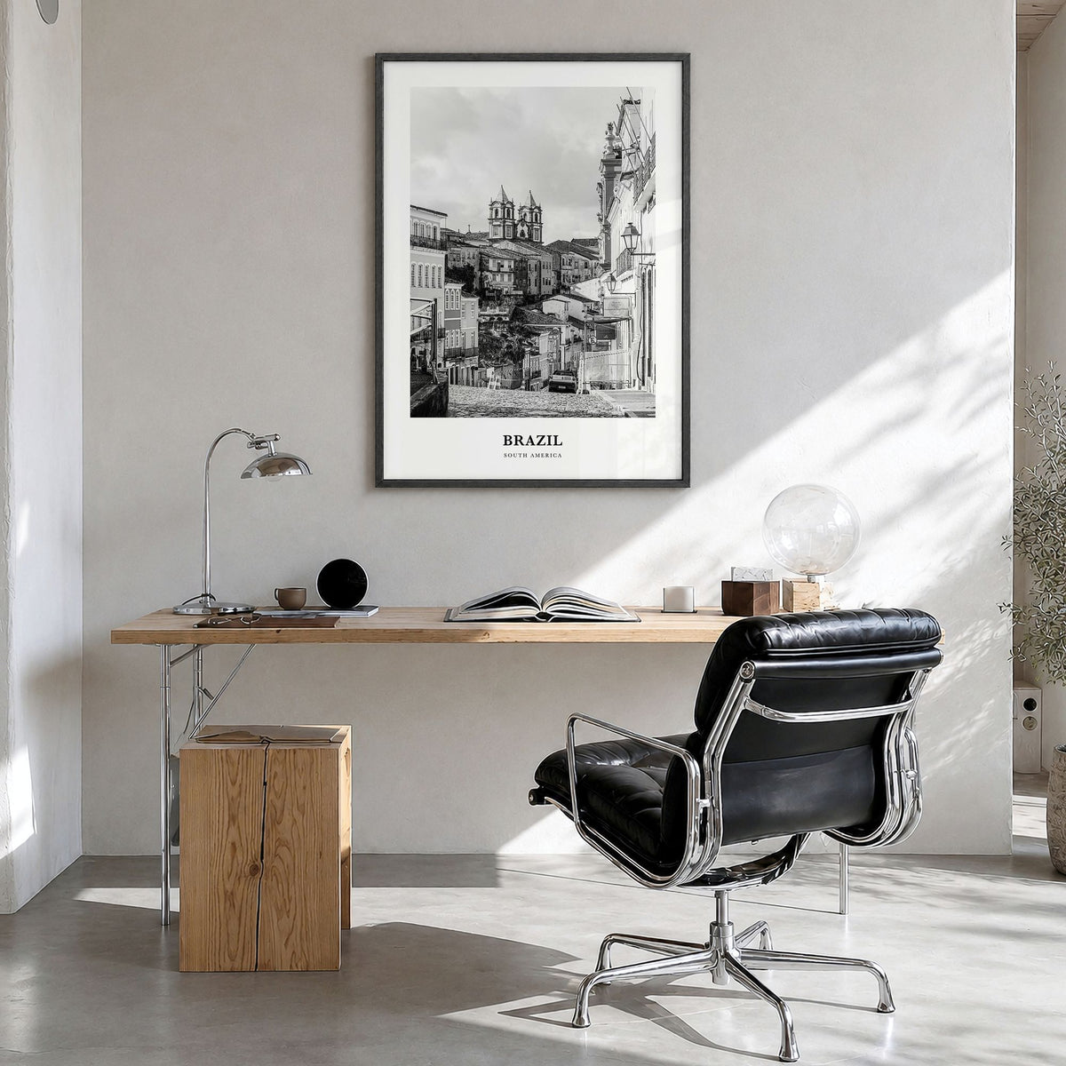 Brazil Classic No 3 Poster in a black wood frame, hanging in a bright home office