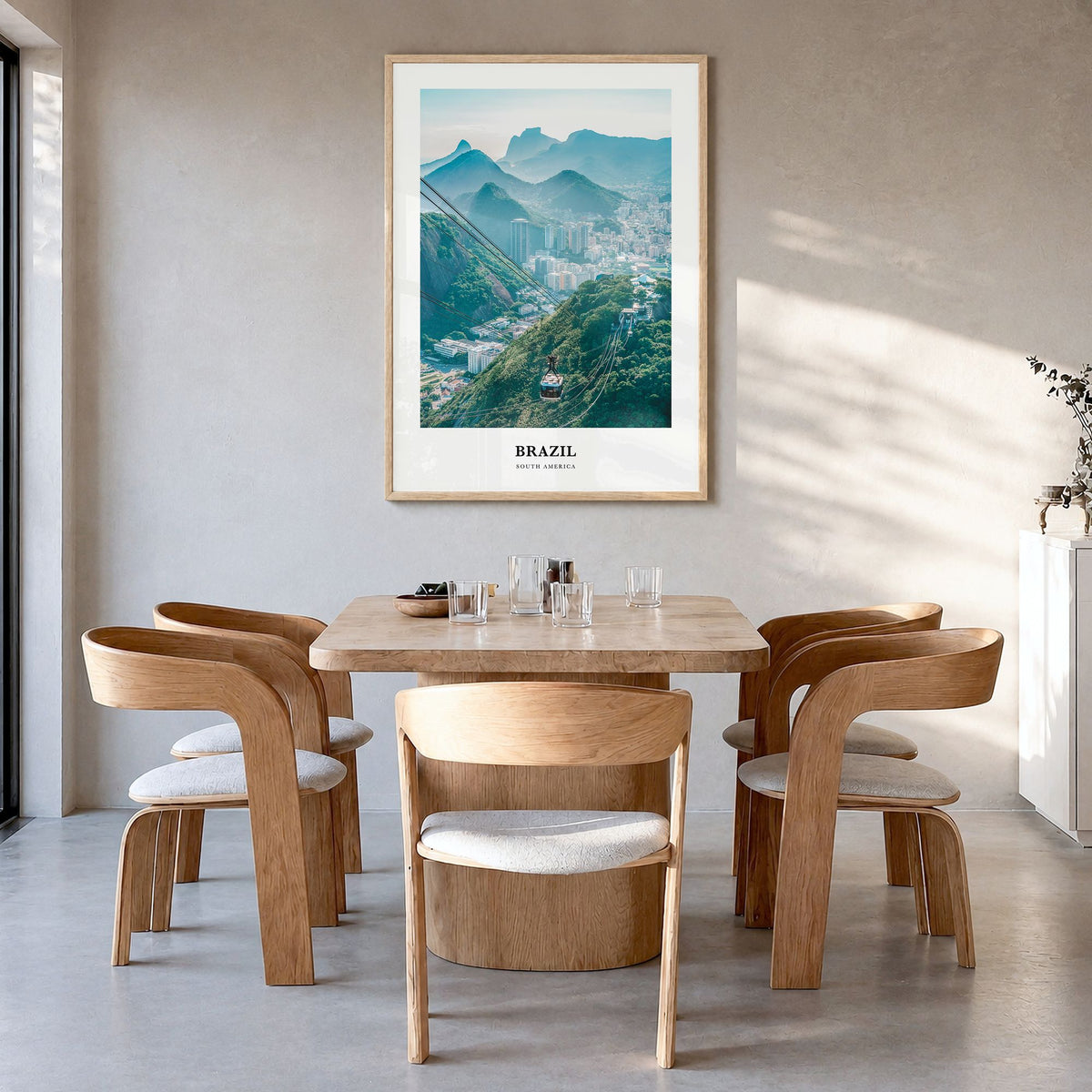 Brazil Classic No 1 Poster in a natural wood frame, hanging in a dining room