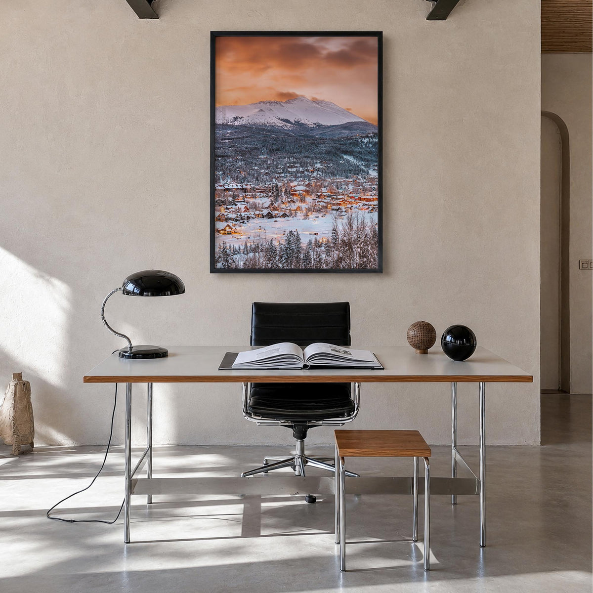 Breckenridge colorful photo poster of Colorado, USA – vertical wall art in black wood frame, hanging on wall