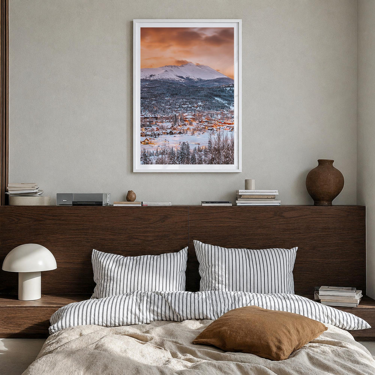 Breckenridge colorful photo poster of Colorado, USA – vertical wall art in white wood frame with white border, hanging on wal