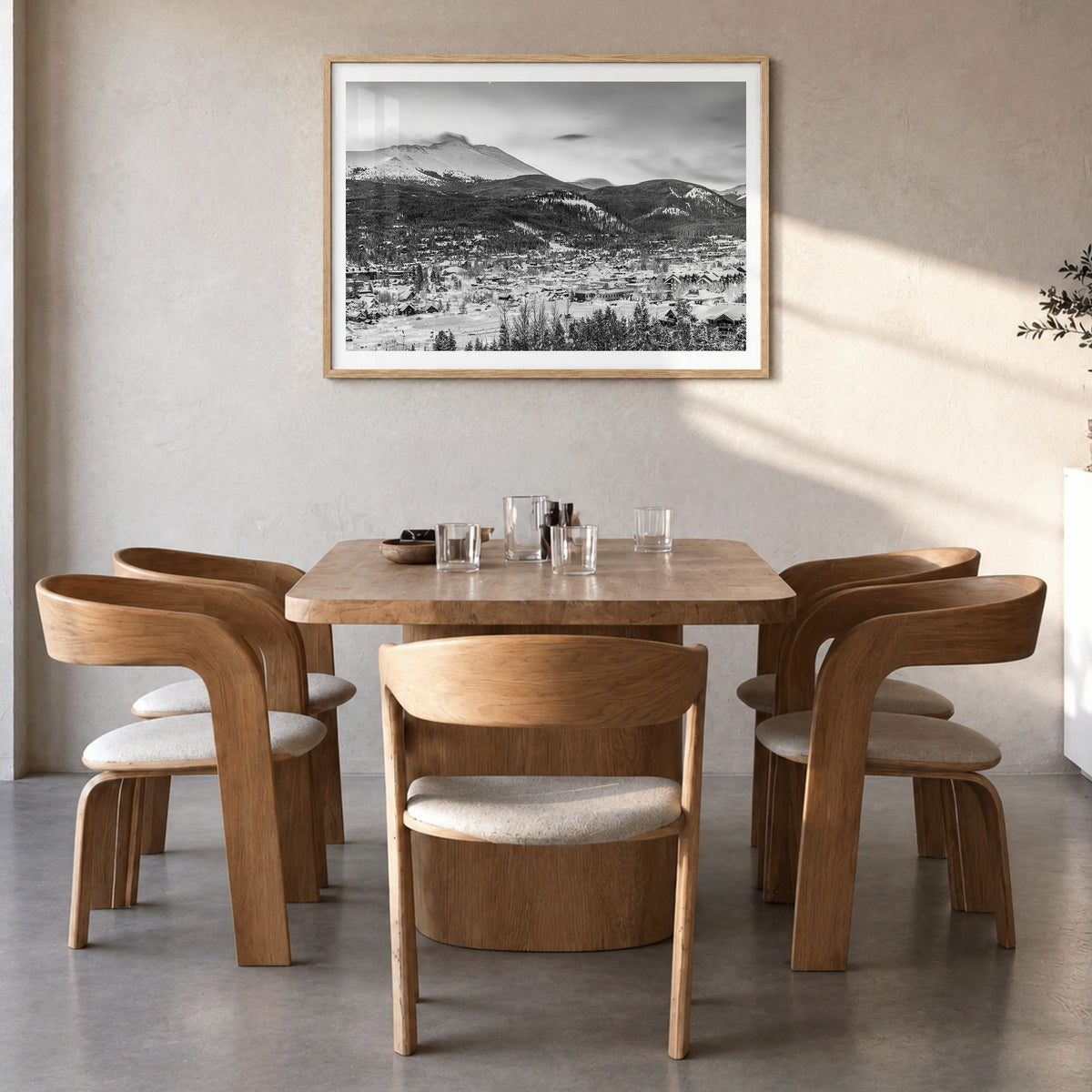 Breckenridge Photo Poster in a natural wood frame, hanging in a dining room, white border