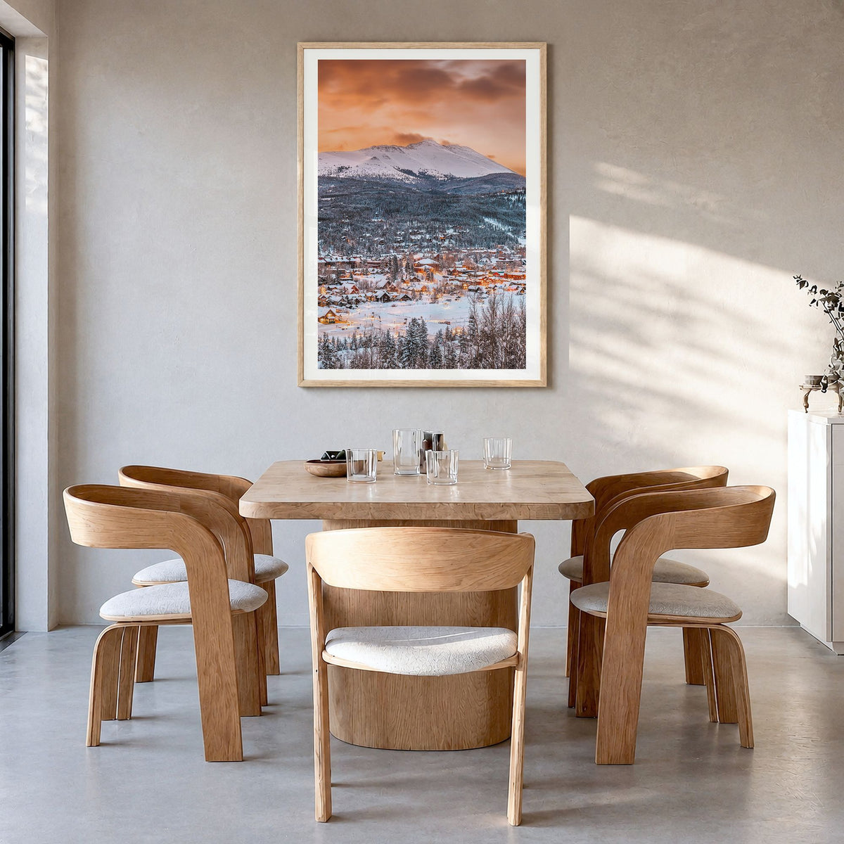 Breckenridge Photo Poster in a natural wood frame, hanging in a dining room, white border