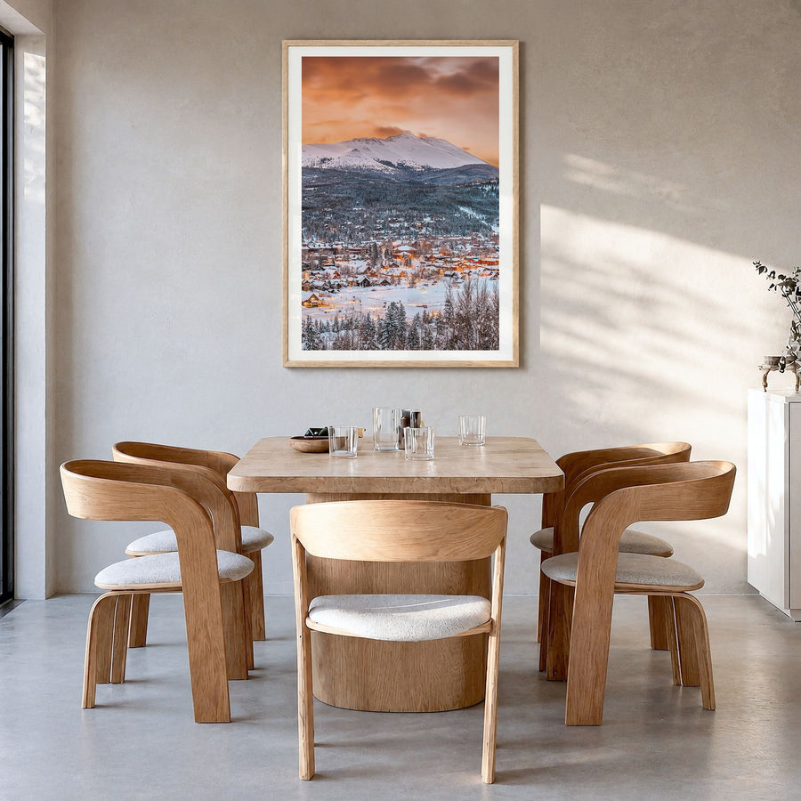Breckenridge Photo Poster in a natural wood frame, hanging in a dining room, white border