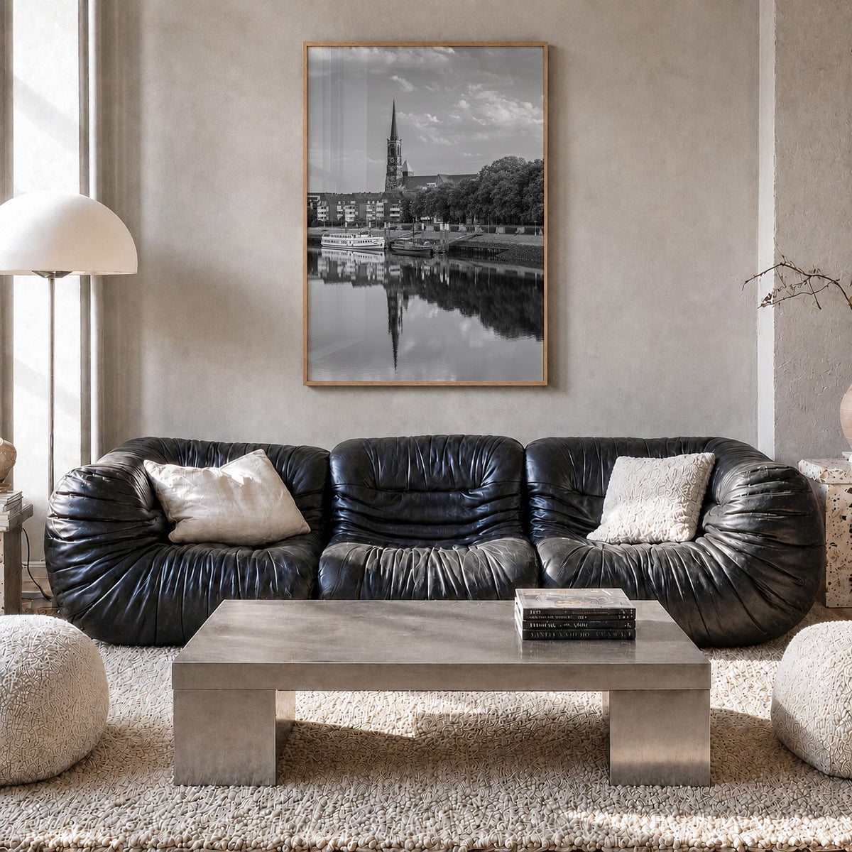 Bremen black & white photo poster of Germany – vertical wall art in natural wood frame, hanging on wall