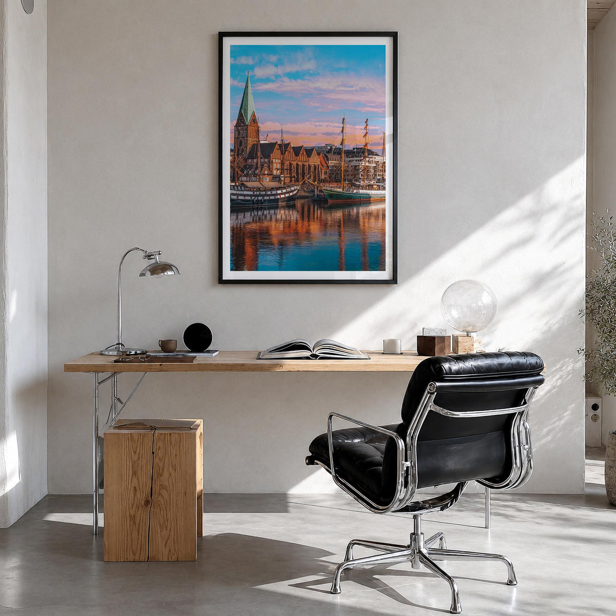 Bremen colorful photo poster of Germany – vertical wall art in black wood frame with white border, hanging on wall
