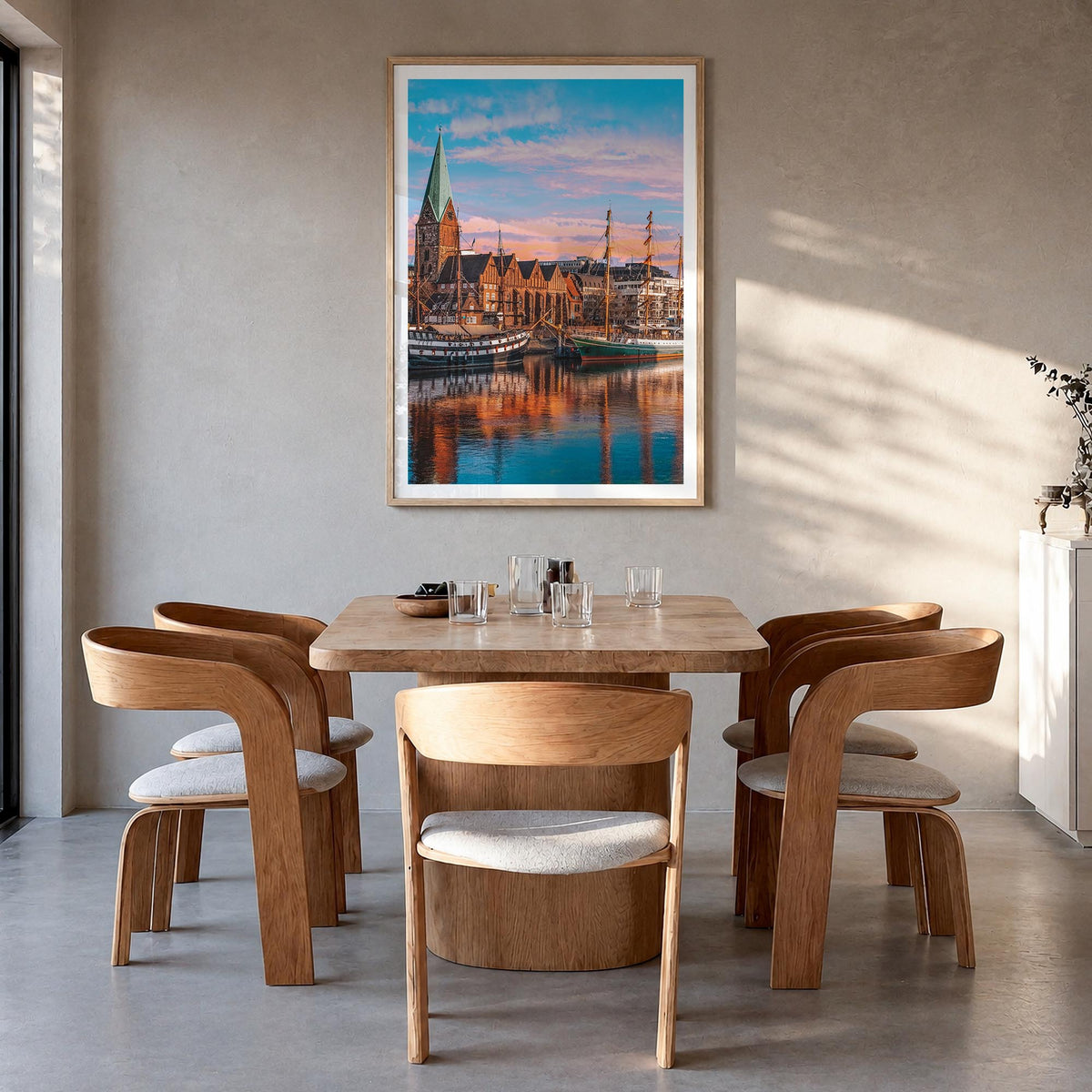 Bremen colorful photo poster of Germany – vertical wall art in natural wood frame with white border, hanging on wall