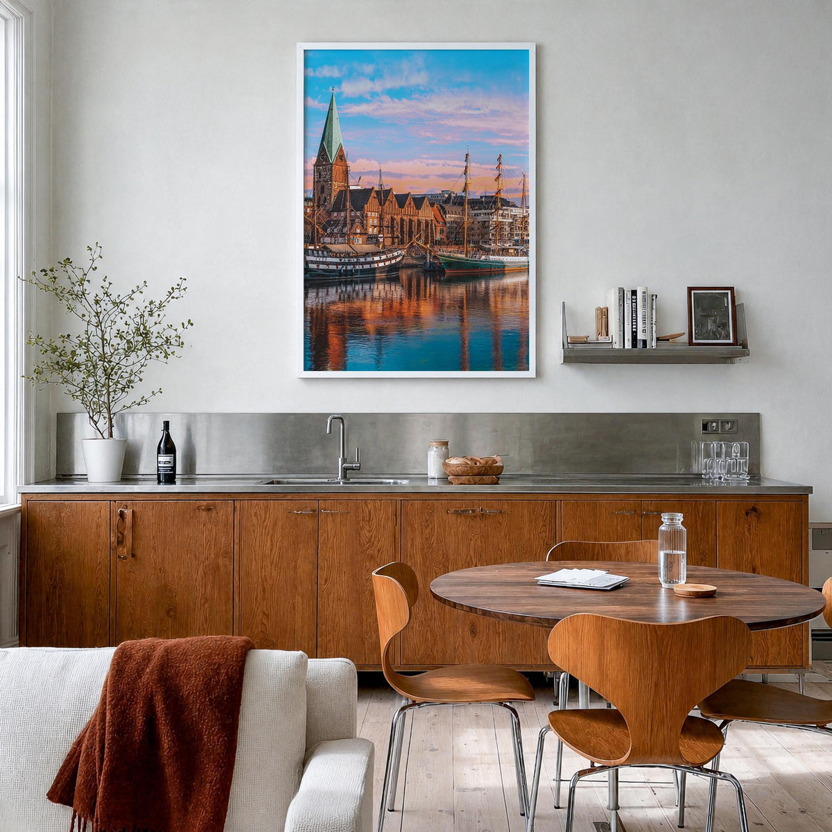 Bremen colorful photo poster of Germany – vertical wall art in white wood frame, hanging on wall