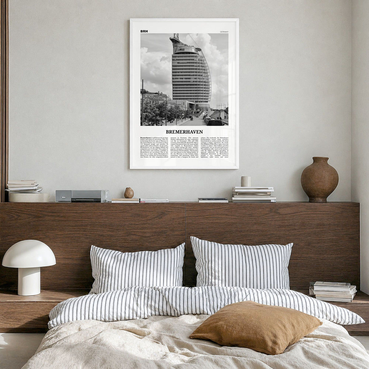 Bremerhaven Newspaper Poster in a white wood frame, hanging in a bedroom