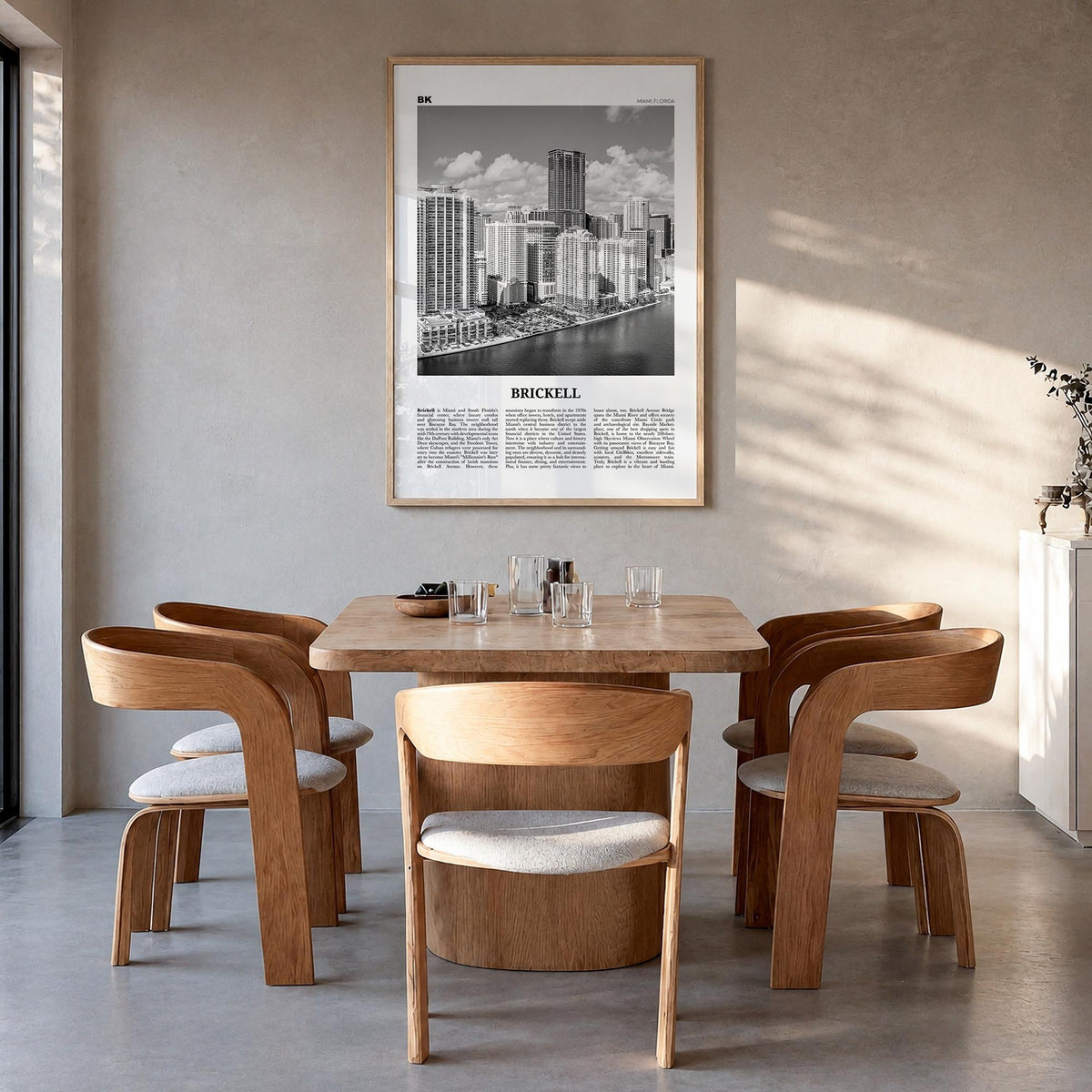 Brickell black & white newspaper poster of Miami, Florida – vertical wall art in natural wood frame, hanging on wall
