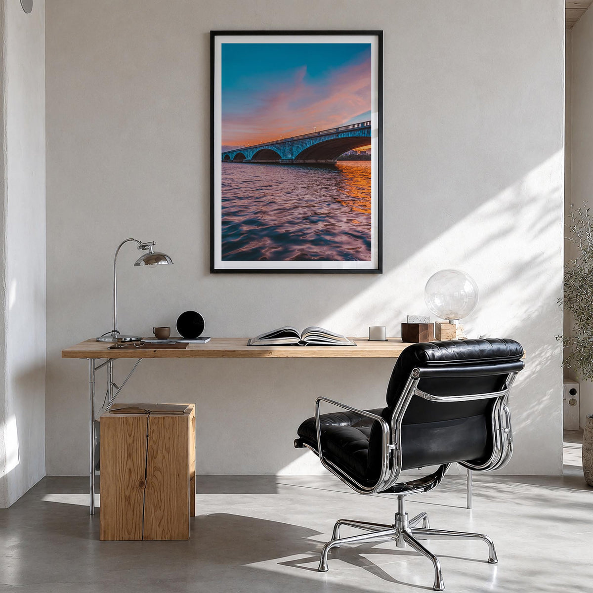 Bridge Sunset colorful photo poster – vertical wall art in black wood frame with white border, hanging on wall