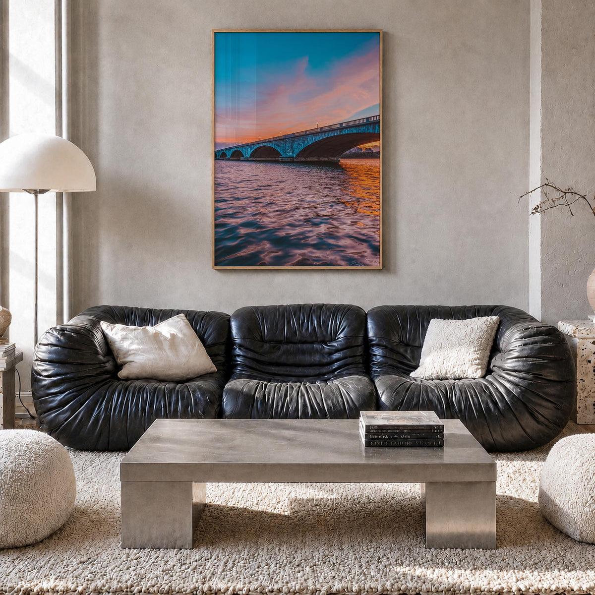 Bridge Sunset colorful photo poster – vertical wall art in natural wood frame, hanging on wall