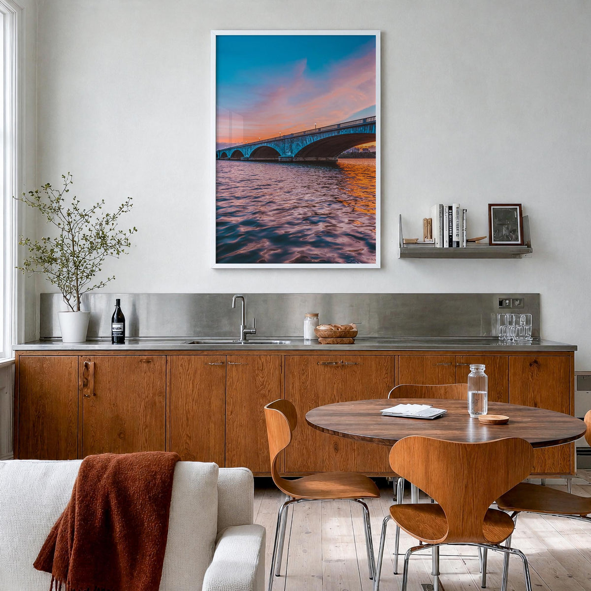 Bridge Sunset colorful photo poster – vertical wall art in white wood frame, hanging on wall