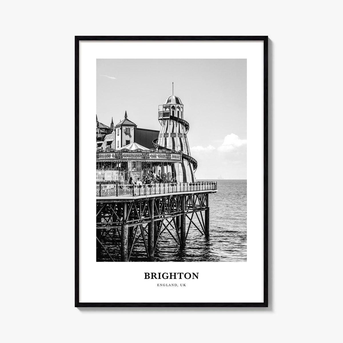 Brighton black & white classic poster of England, UK – vertical wall art, unframed print shown in interior mockup