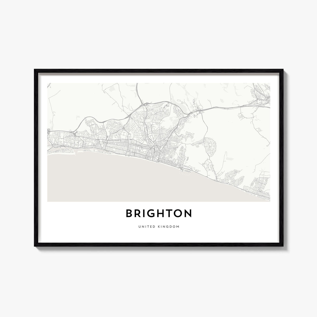 Brighton black & white map poster of England, UK – horizontal wall art, unframed print shown in interior mockup