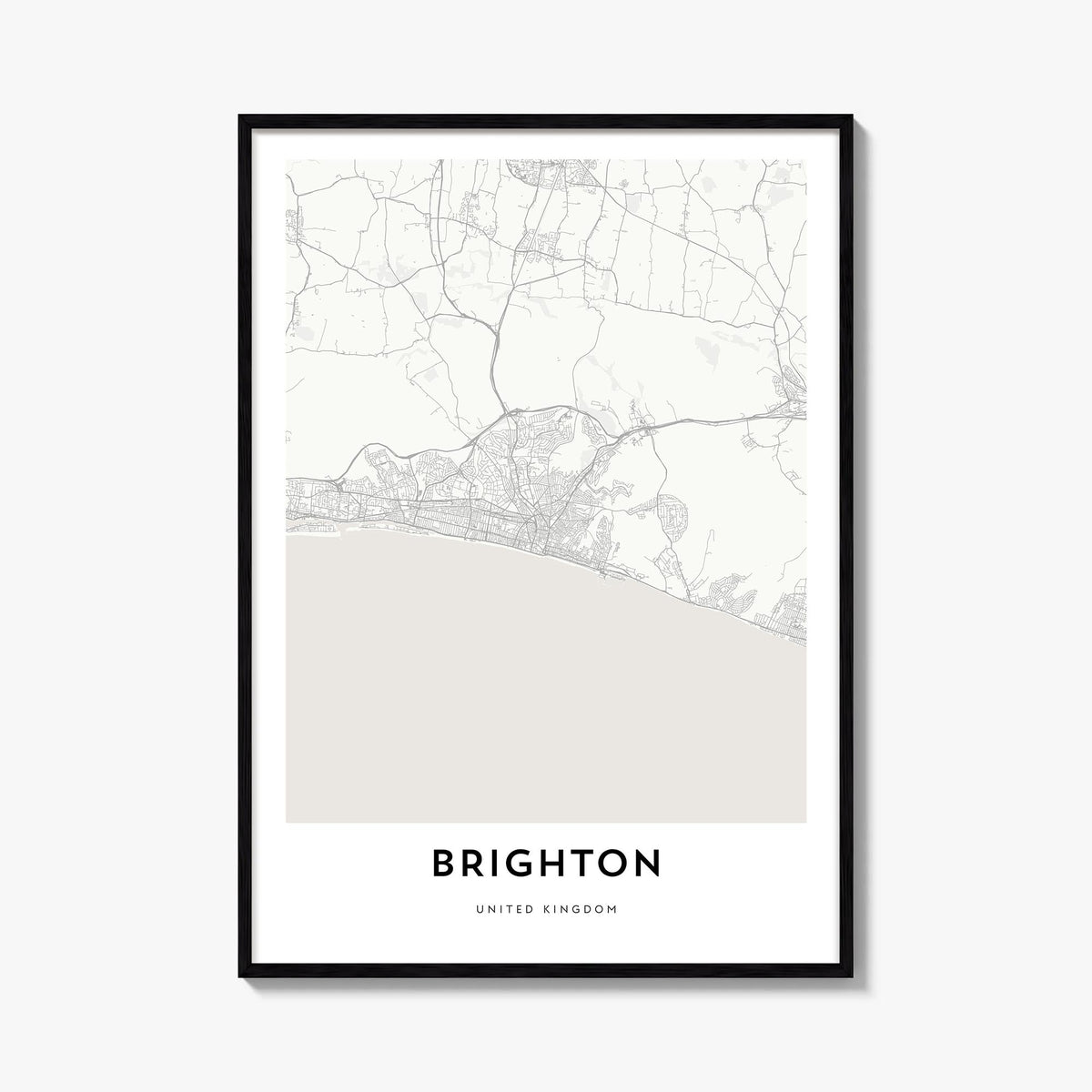 Brighton black & white map poster of England, UK – vertical wall art, unframed print shown in interior mockup