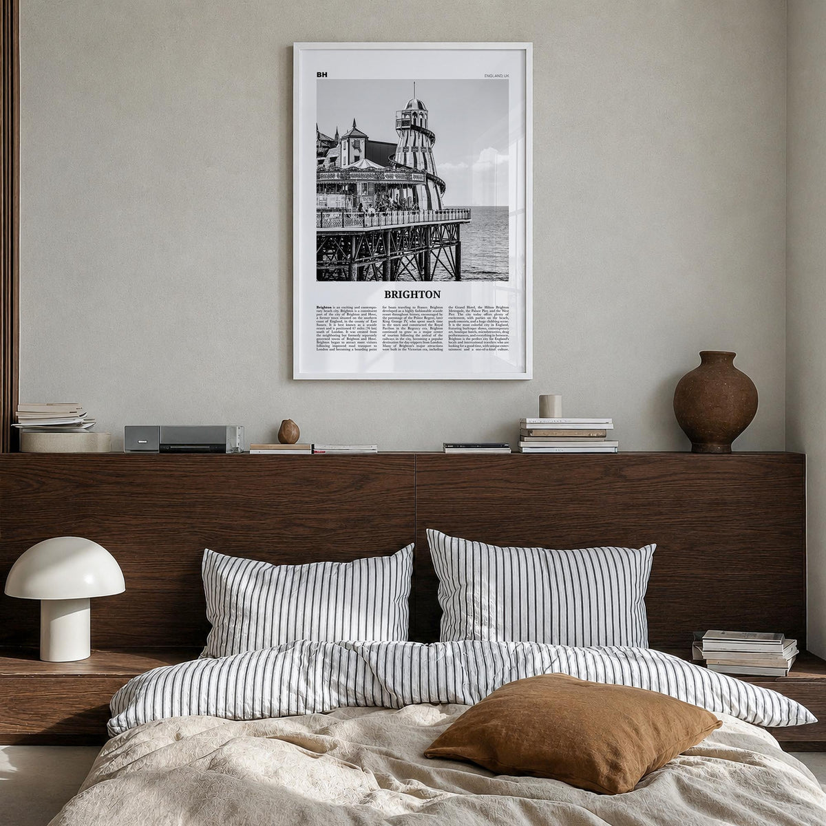 Brighton black & white newspaper poster of England, UK – vertical wall art in white wood frame, hanging on wall