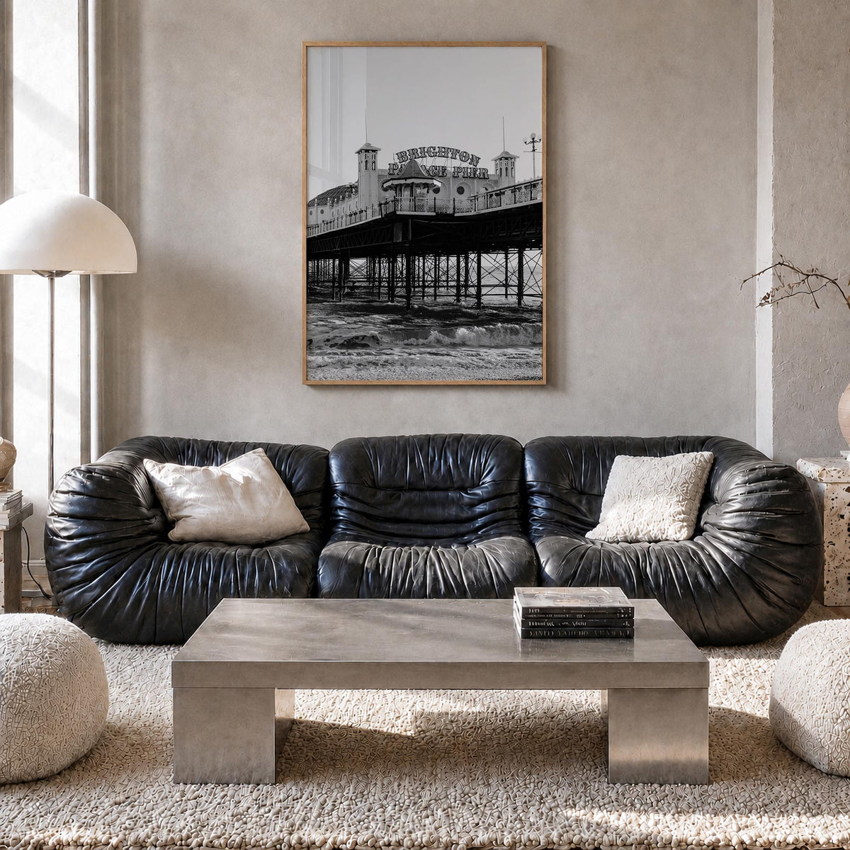Brighton black & white photo poster of England, UK – vertical wall art in natural wood frame, hanging on wall