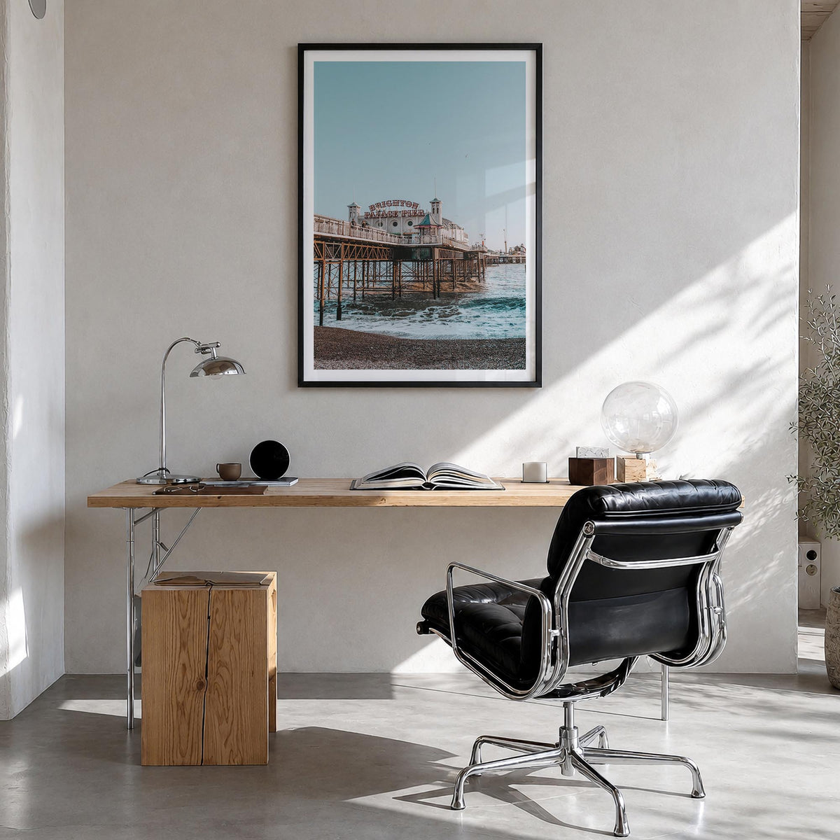 Brighton colorful photo poster of England, UK – vertical wall art in black wood frame with white border, hanging on wall