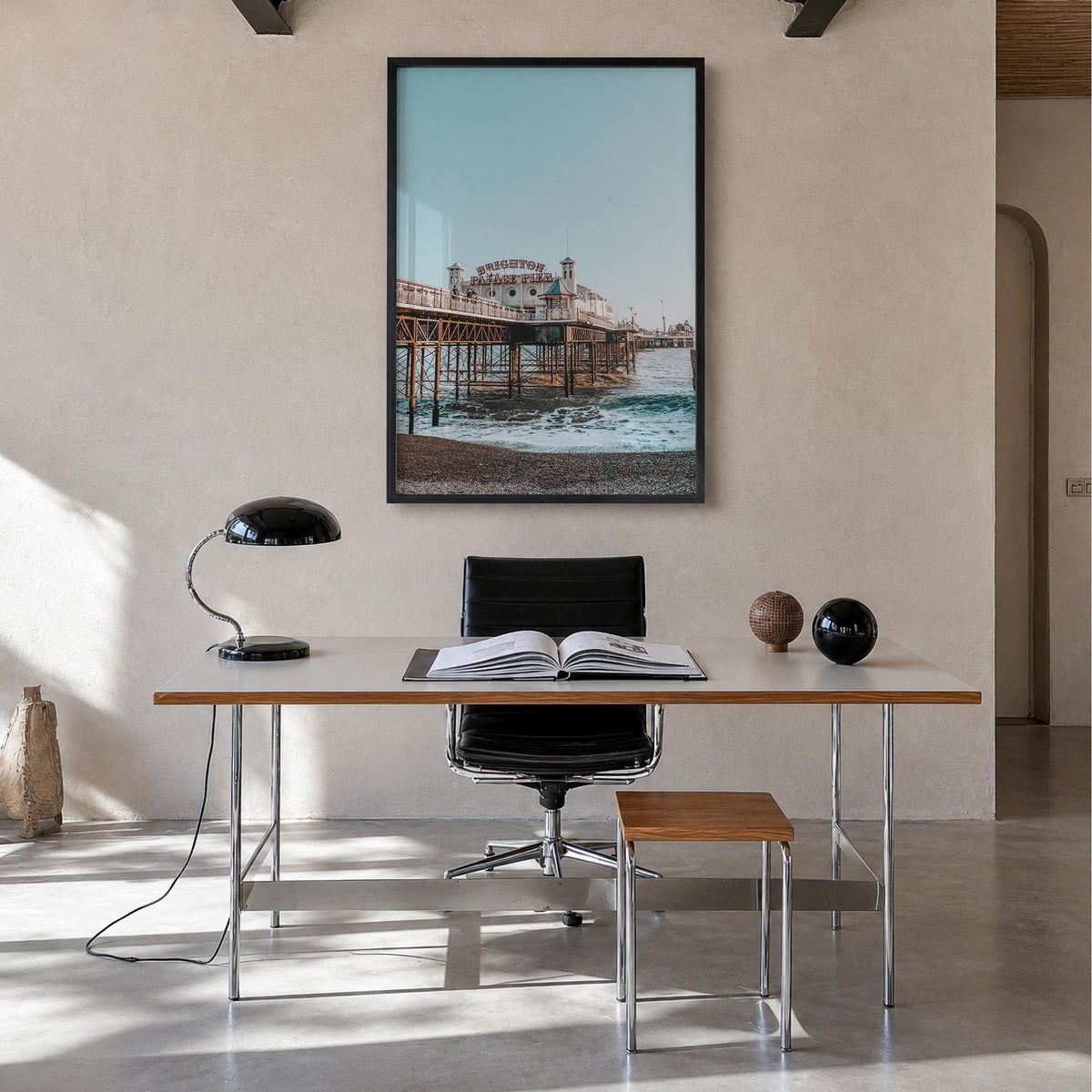 Brighton colorful photo poster of England, UK – vertical wall art in black wood frame, hanging on wall