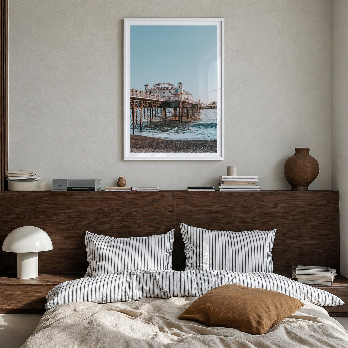 Brighton colorful photo poster of England, UK – vertical wall art in white wood frame with white border, hanging on wall