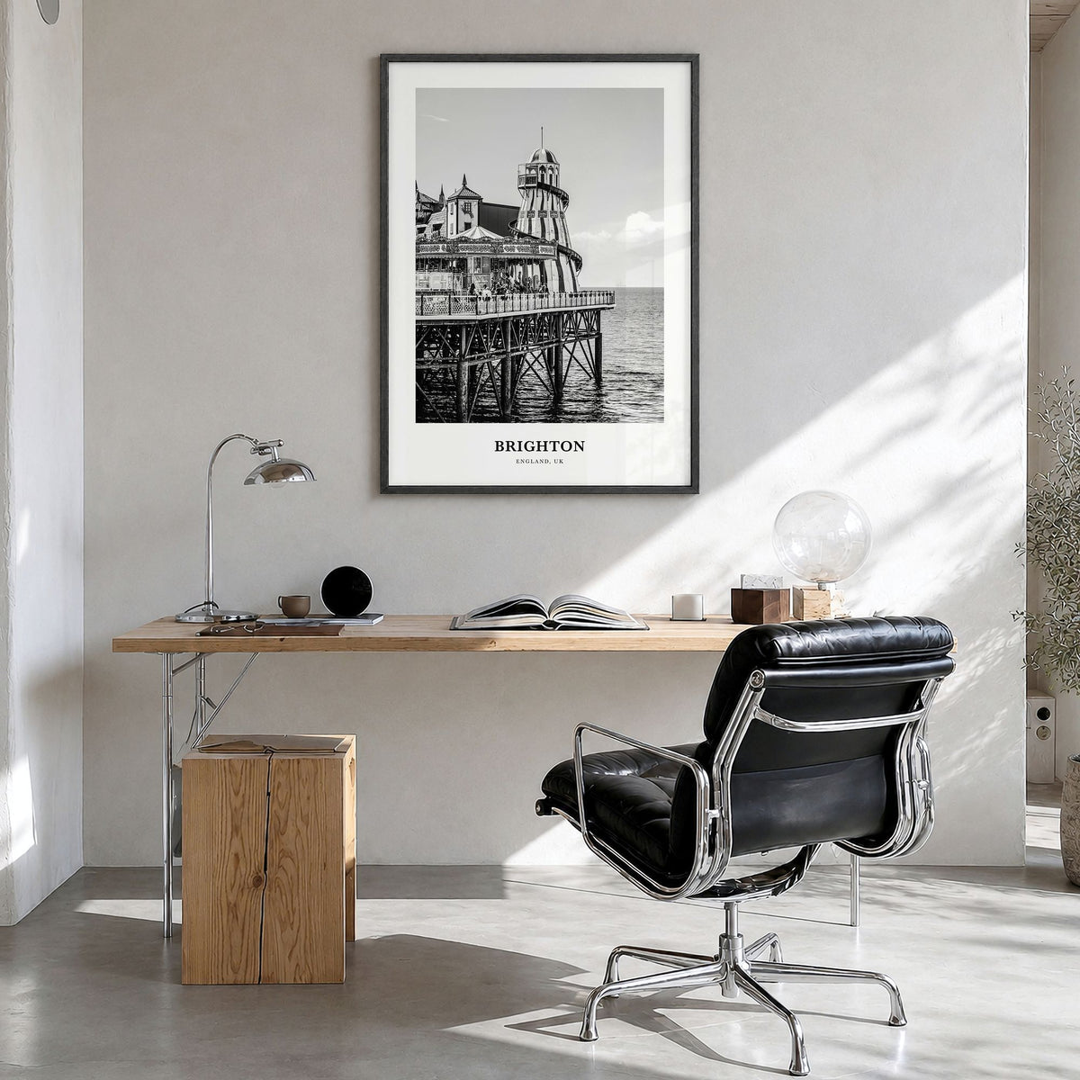 Brighton Classic Poster in a black wood frame, hanging in a bright home office