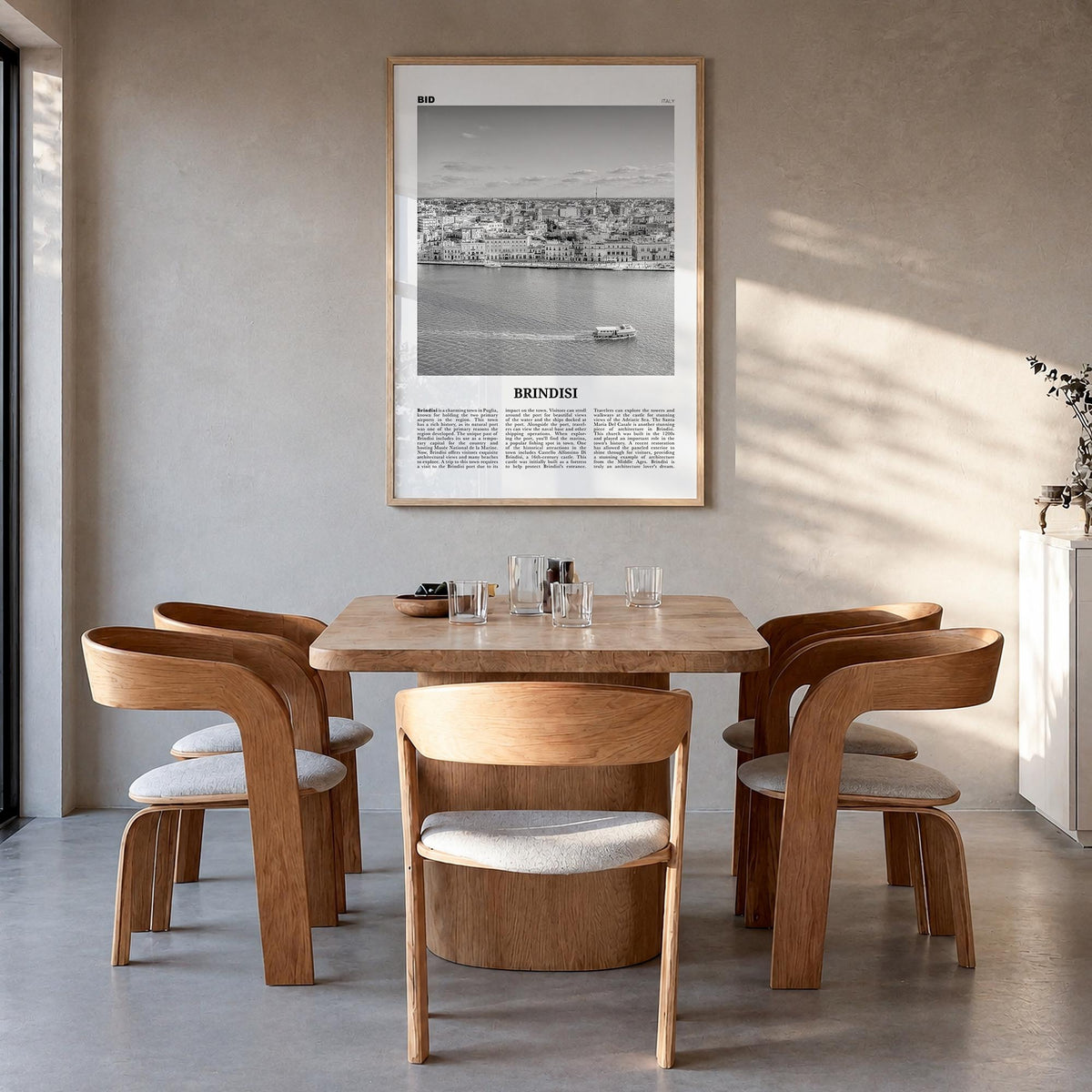 Brindisi black & white newspaper poster of Italy – vertical wall art in natural wood frame, hanging on wall