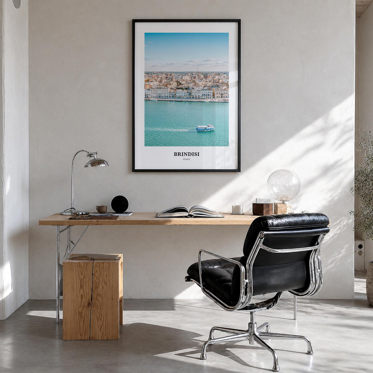 Brindisi colorful classic poster of Italy – vertical wall art in black wood frame, hanging on wall