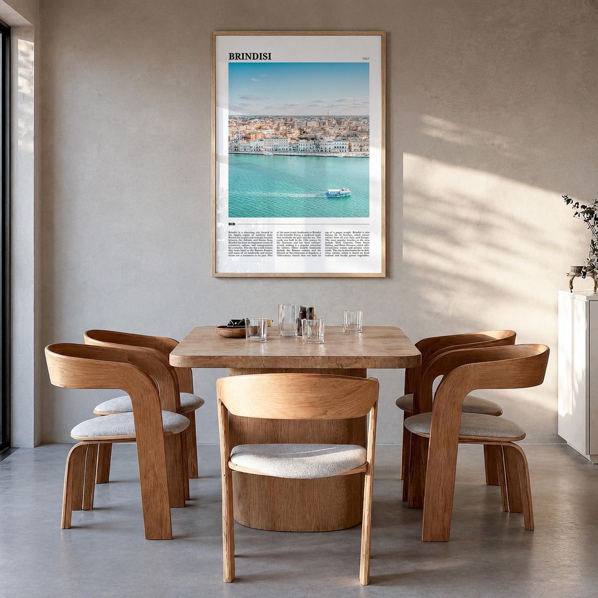 Brindisi colorful travel poster of Italy – vertical wall art in natural wood frame, hanging on wall