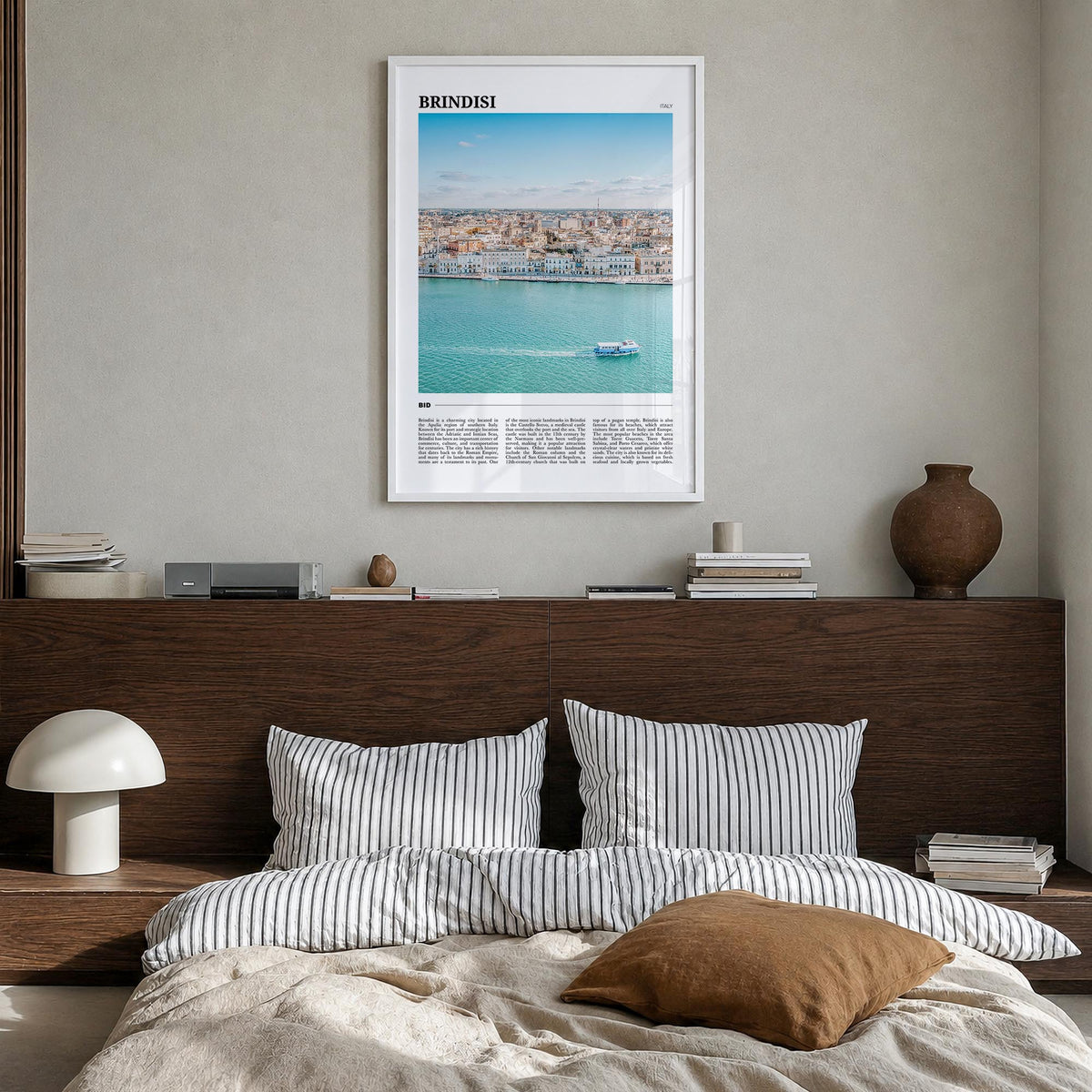 Brindisi colorful travel poster of Italy – vertical wall art in white wood frame, hanging on wall