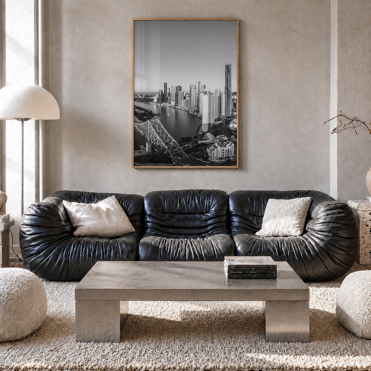 Brisbane no. 1 black & white photo poster of Queensland, Australia – vertical wall art in natural wood frame, hanging on wall