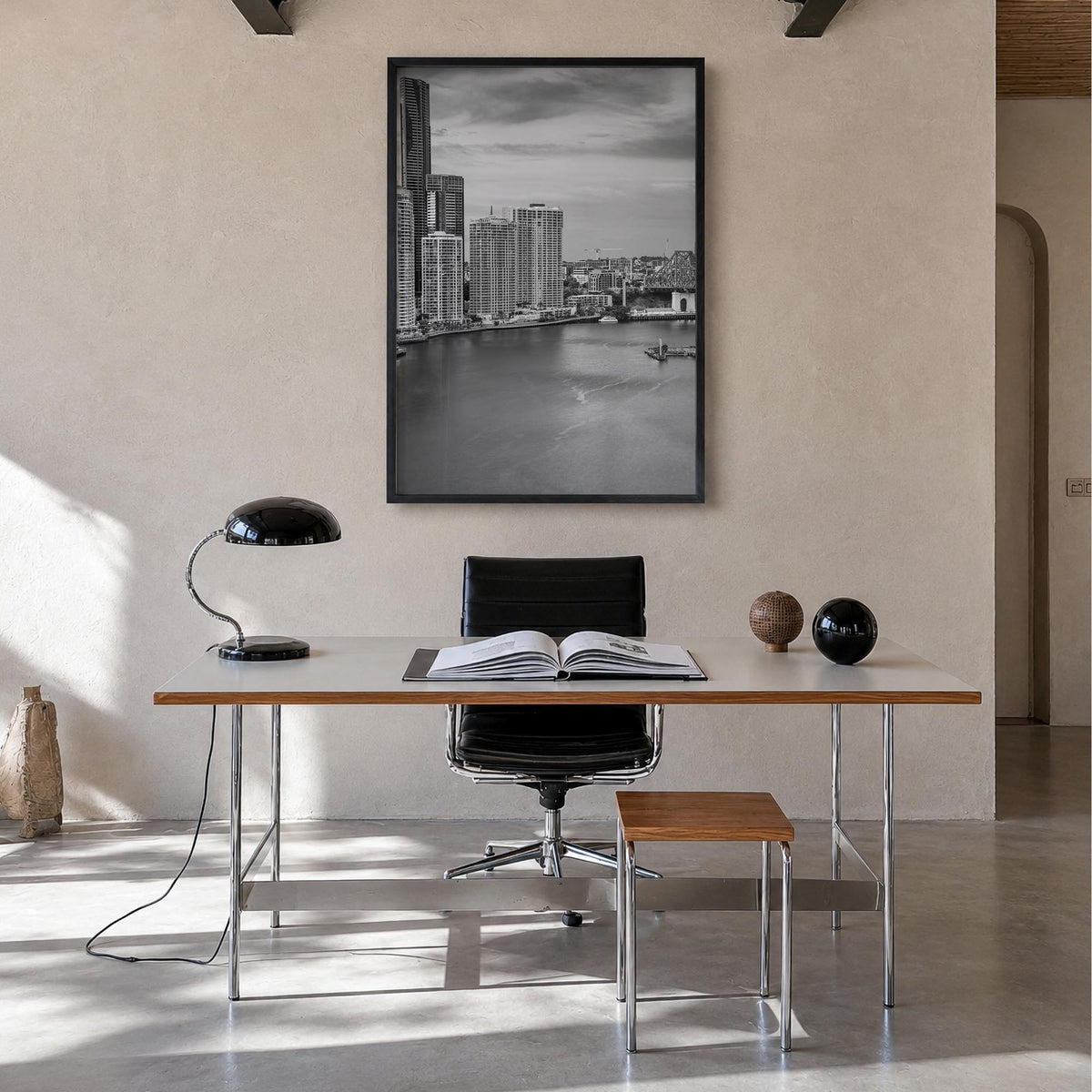 Brisbane no. 2 black & white photo poster of Queensland, Australia – vertical wall art in black wood frame, hanging on wall