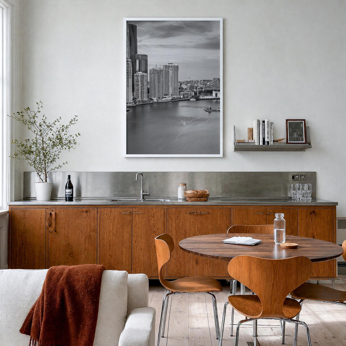 Brisbane no. 2 black & white photo poster of Queensland, Australia – vertical wall art in white wood frame, hanging on wall