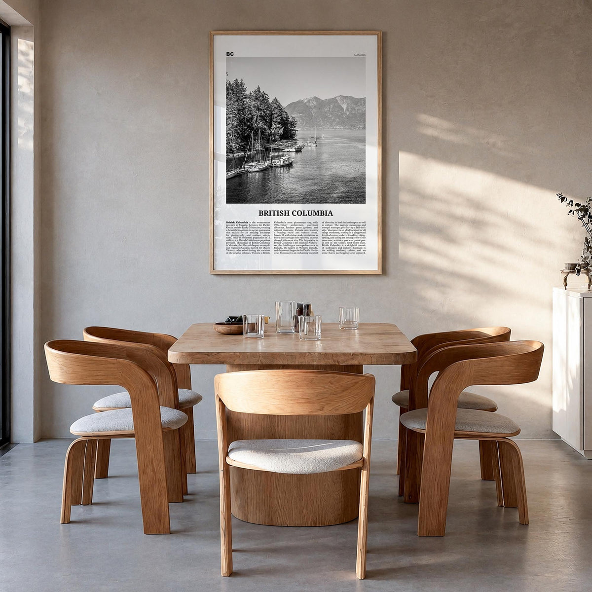 British Columbia black & white newspaper poster of Canada – vertical wall art in natural wood frame, hanging on wall