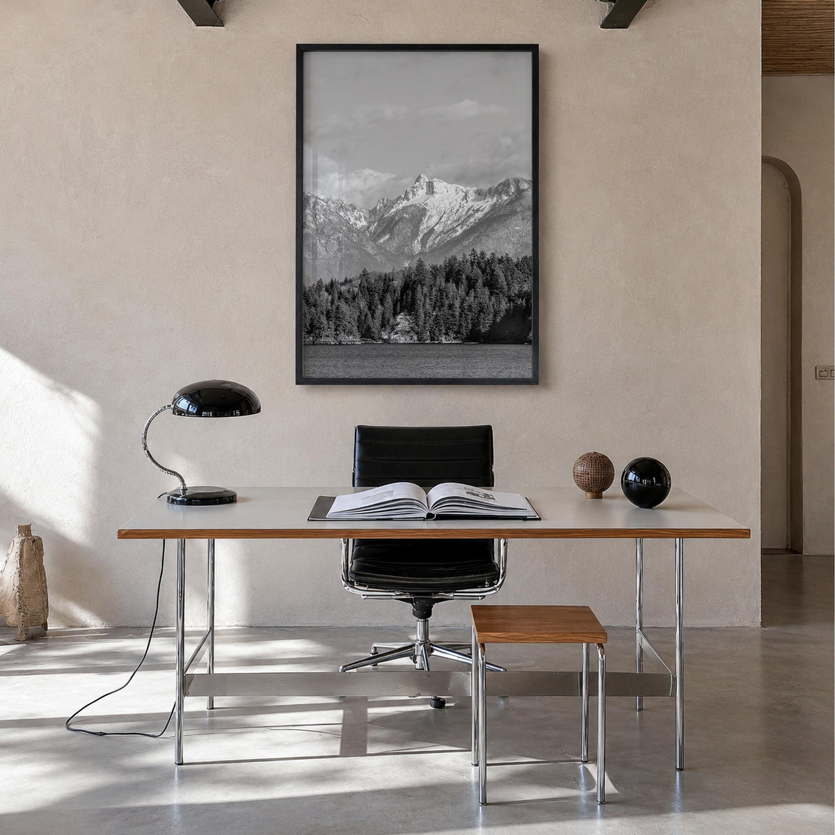 British Columbia black & white photo poster of Canada – vertical wall art in black wood frame, hanging on wall