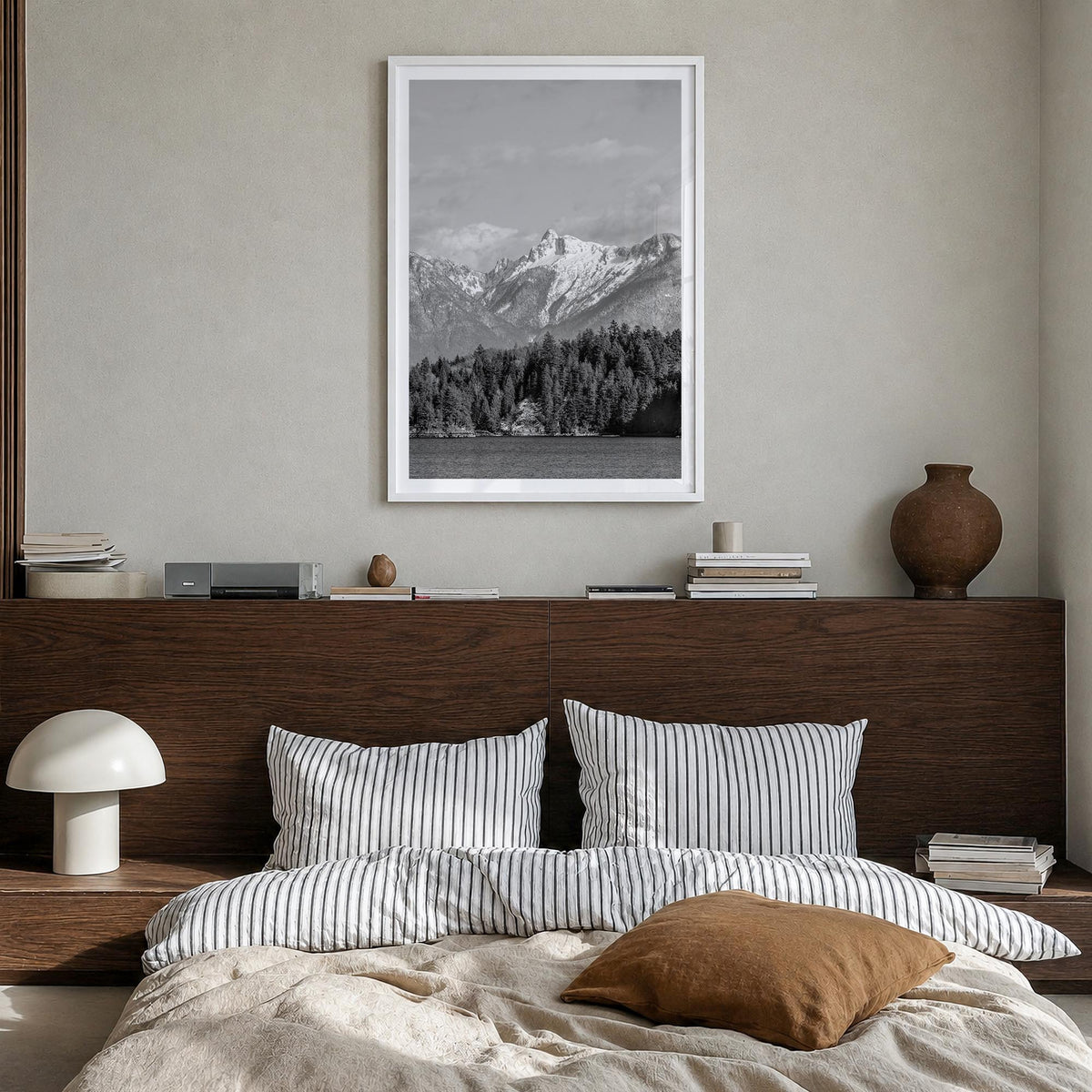 British Columbia black & white photo poster of Canada – vertical wall art in white wood frame with white border, hanging on w