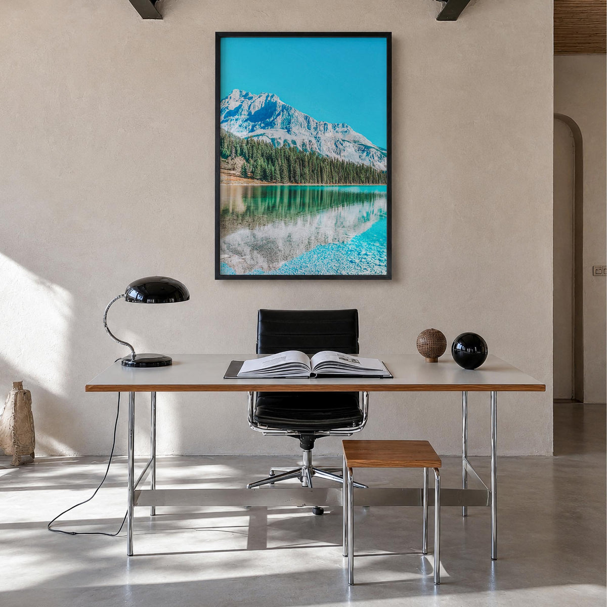 British Columbia colorful photo poster of Canada – vertical wall art in black wood frame, hanging on wall