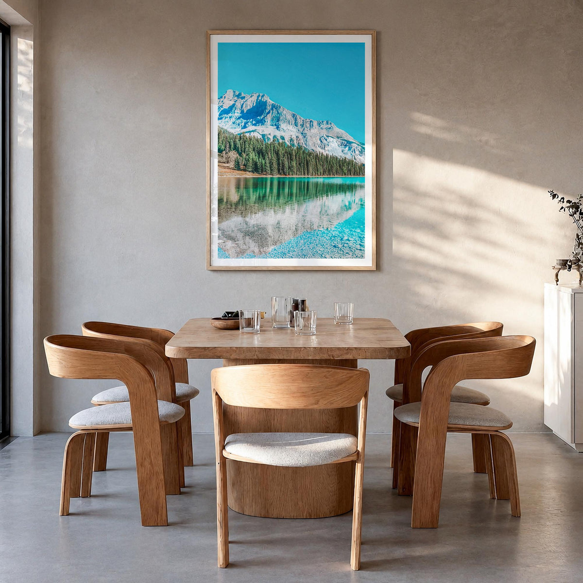British Columbia colorful photo poster of Canada – vertical wall art in natural wood frame with white border, hanging on wall