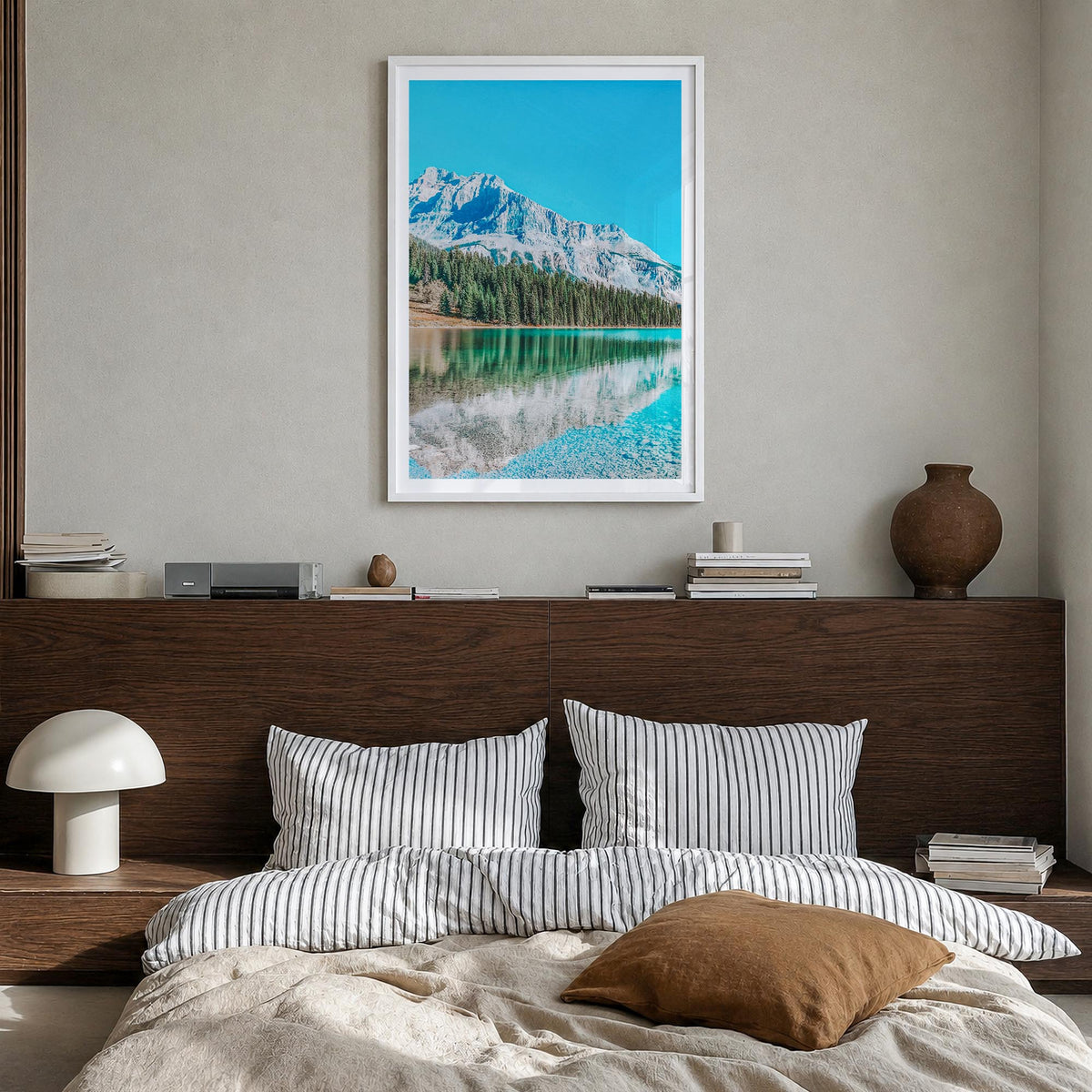 British Columbia colorful photo poster of Canada – vertical wall art in white wood frame with white border, hanging on wall