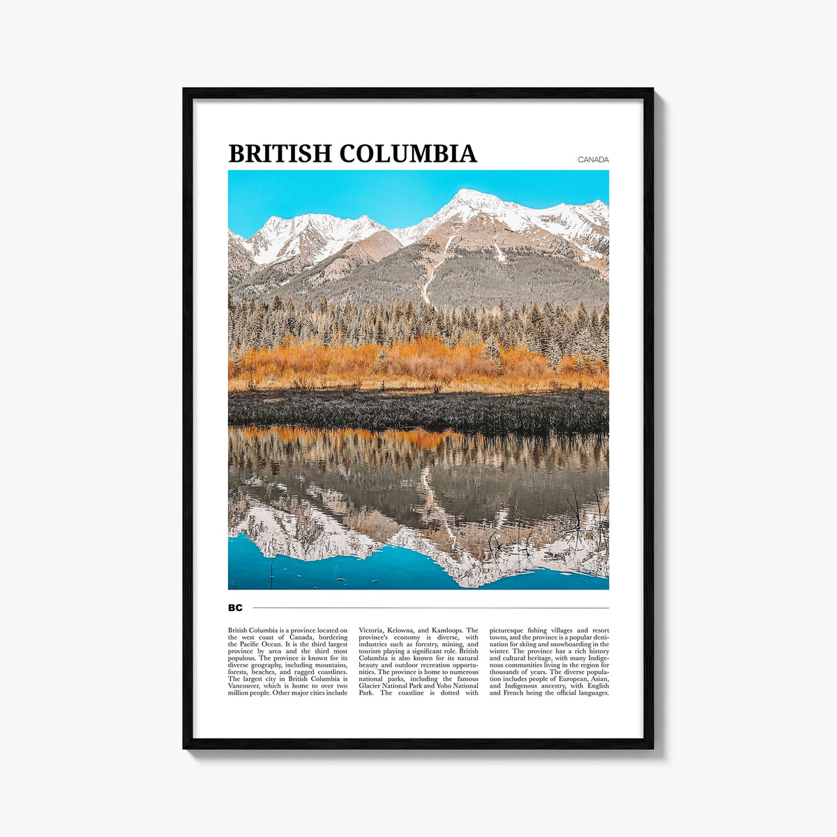 British Columbia colorful travel poster of Canada – vertical wall art, unframed print shown in interior mockup
