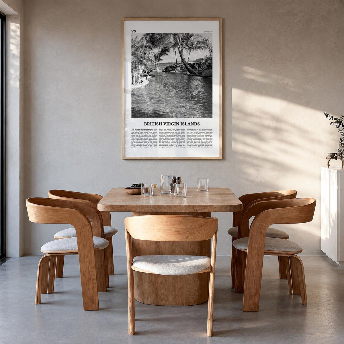 British Virgin Islands black & white newspaper poster of Caribbean – vertical wall art in natural wood frame, hanging on wall
