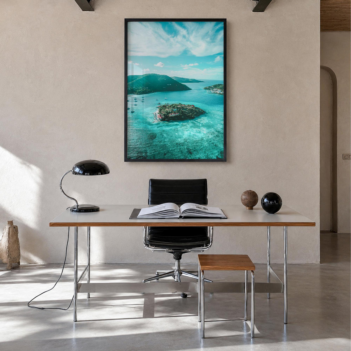 British Virgin Islands colorful photo poster of Caribbean – vertical wall art in black wood frame, hanging on wall