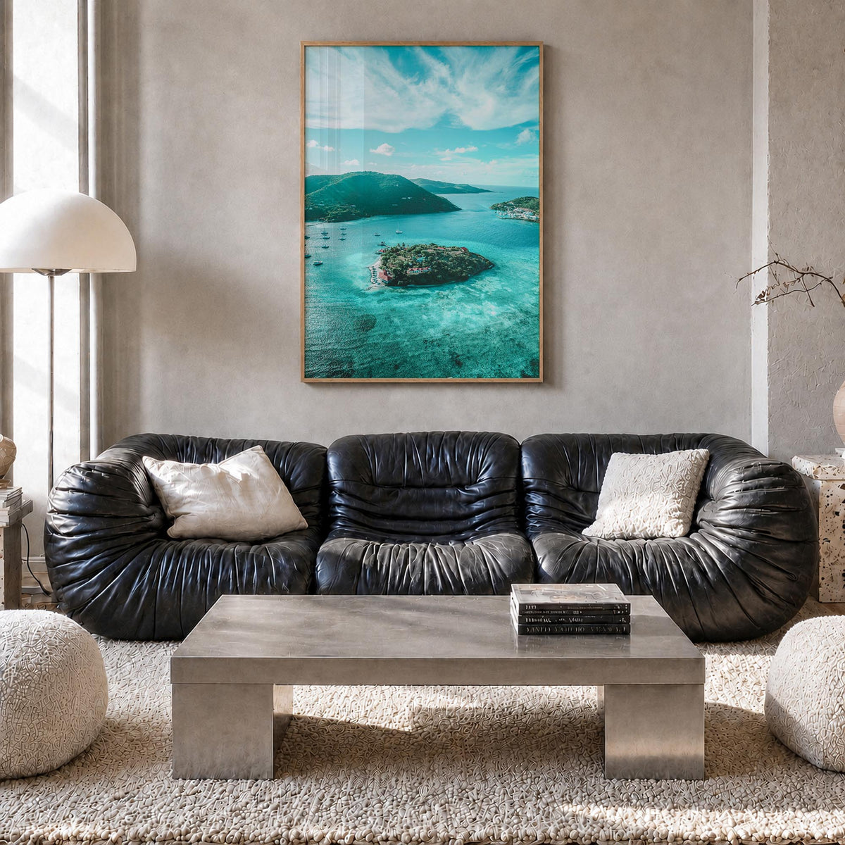 British Virgin Islands colorful photo poster of Caribbean – vertical wall art in natural wood frame, hanging on wall