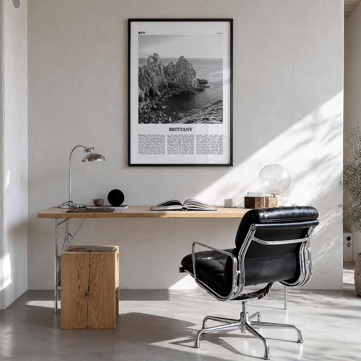 Brittany black & white newspaper poster of France – vertical wall art in black wood frame, hanging on wall