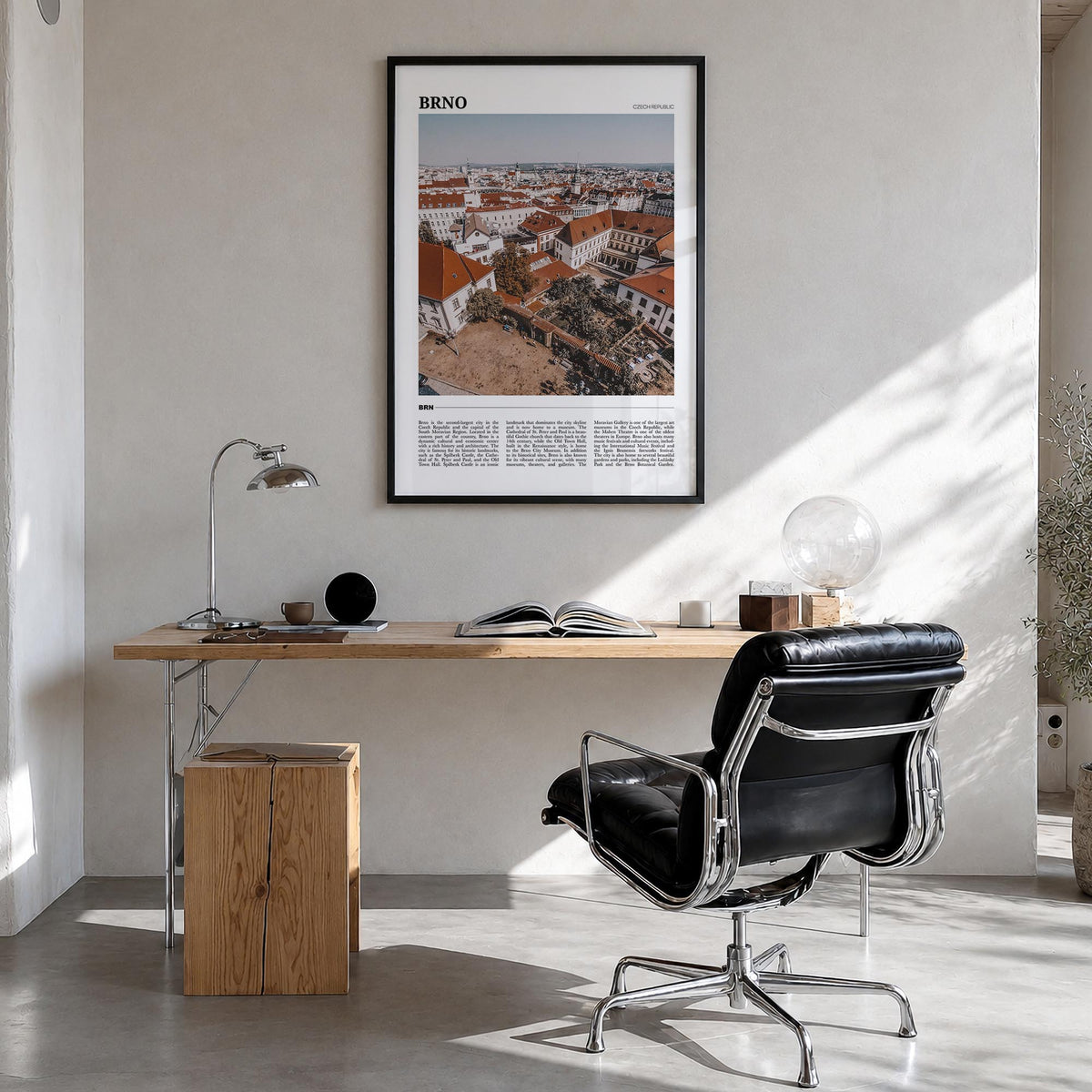 Brno colorful travel poster of Czechia – vertical wall art in black wood frame, hanging on wall