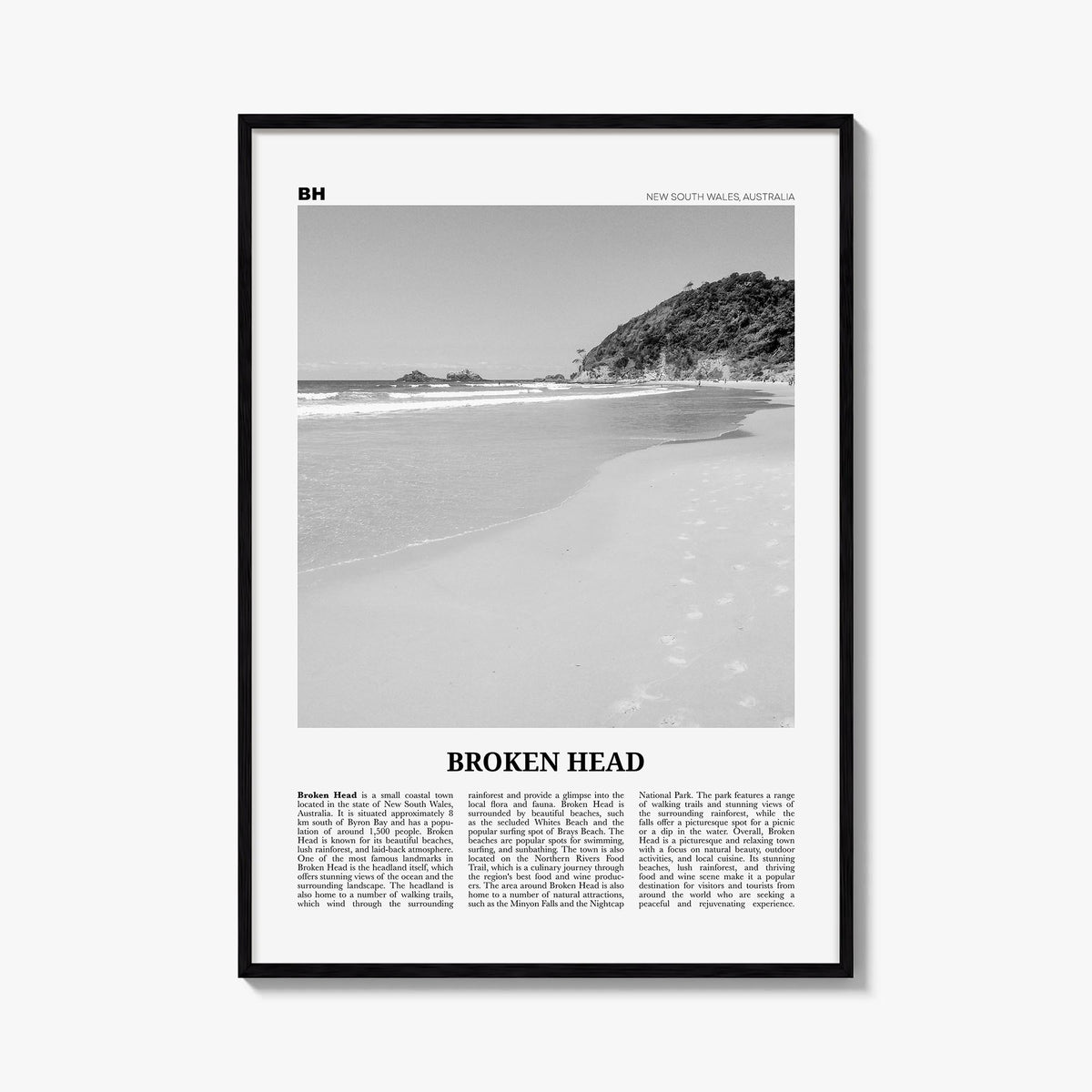 Broken Head black & white newspaper poster of Australia – vertical wall art, unframed print shown in interior mockup