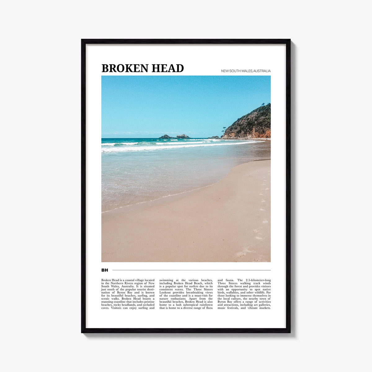 Broken Head colorful travel poster of Australia – vertical wall art, unframed print shown in interior mockup