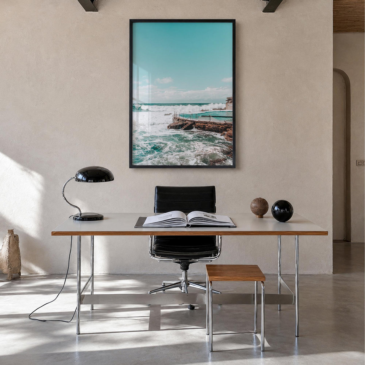 Bronte Beach colorful photo poster of Australia – vertical wall art in black wood frame, hanging on wall