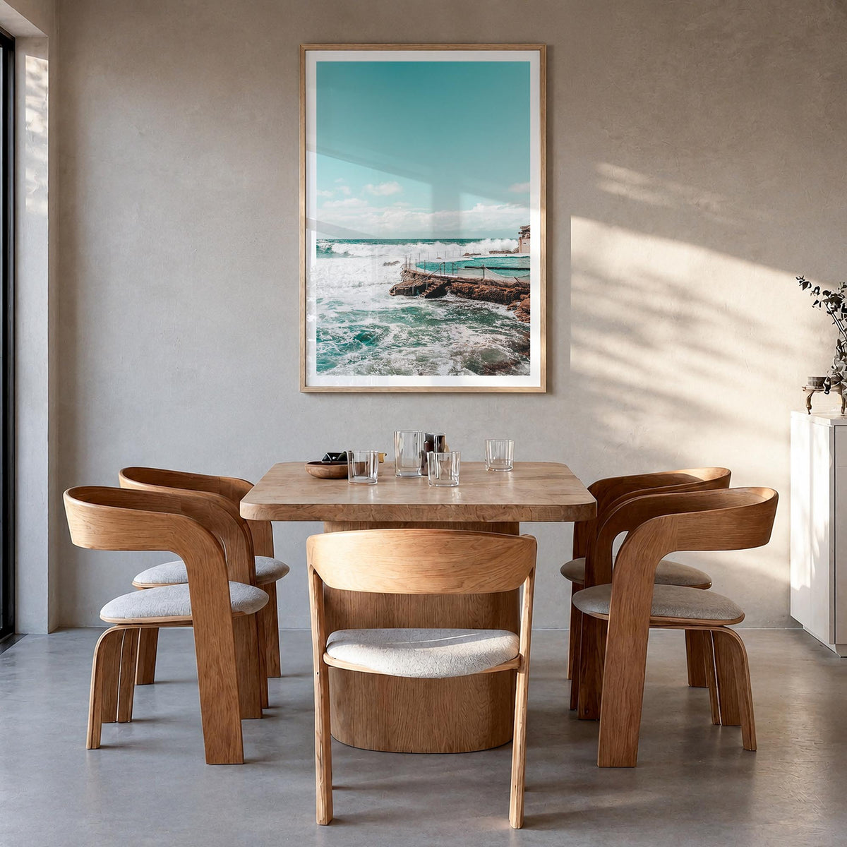 Bronte Beach colorful photo poster of Australia – vertical wall art in natural wood frame with white border, hanging on wall