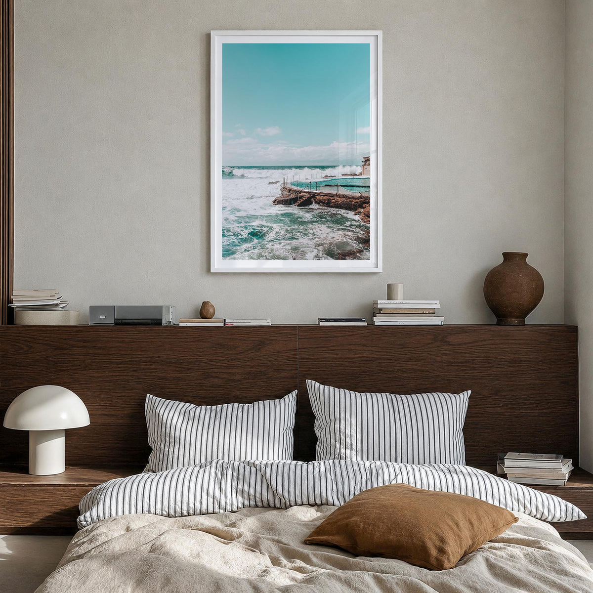 Bronte Beach colorful photo poster of Australia – vertical wall art in white wood frame with white border, hanging on wall